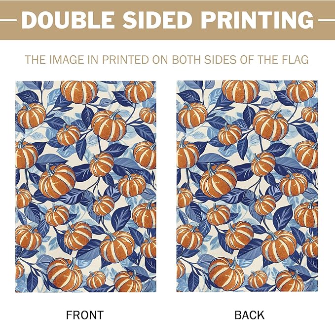 Blue Burnt Orange Fall Thanksgiving Garden Flag 12x18 Inch Autumn Pumpkin Leaf Harvest Theme Print Holiday Decorative Yard Flags for Outside Double Sided Outdoor Home Farmhouse Decoration Porch Decor