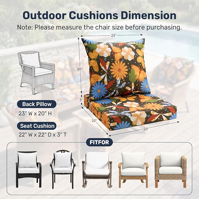 UNIKOME Outdoor Seat Cushions 22 X 22 Inch - Water-Resistant & Fade Resistant, Removable Cover Patio Furniture Cushions for Chair, Sofa, Couch, Wicker, Flower