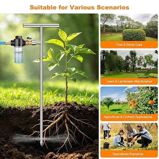 Deep Root Watering Tool for Trees - Stainless Steel Root Feeder with Fertilizer Bottle, Watering Wand Irrigation System with Brass Valve T-Handle for Garden, Orchard & Shrubs Irrigation Growth System