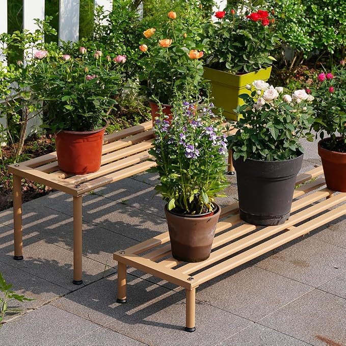 Metal Plant Stand, Rust-proof Aluminum Display Rack, Plants Display Stands Decoration Racks for Living Room Garden Balcony Patio (Wood Color, 42.5Inch Tall Leg)