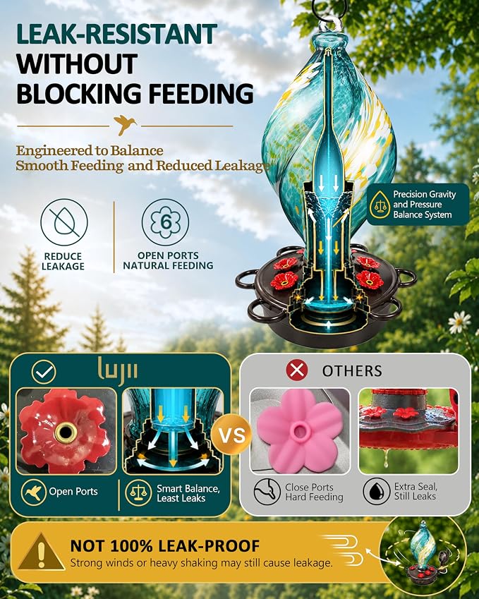 LUJII Smart Hummingbird Feeder with Camera for Outdoor Hanging, Hand Blown Glass, Solar WiFi Feeder with Live View App, 6 Feeding Ports, Leak-Resistant Design, Ant Moat & Gift Box, 28 fl oz, Teal