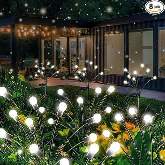 Solar Garden Lights Outdoor 8 Pack 64 LED Solar Firefly Lights Cool White | Auto ON/OFF, 2 Modes, Swaying with Wind, IP65 Waterproof Garden Lights Outdoor for Yard, Path, Patio, Lawn, Flower Bed Decor