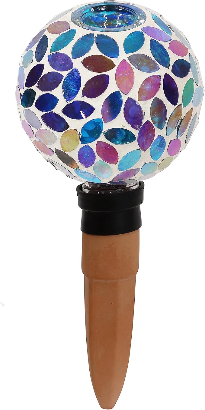 Sunnydaze Mosaic Glass Plant Watering Globe with Clay Spike - Decorative Self-Watering Planter Insert - Water Dripper for Plants - 9.5" - Spring Petals - Set of 24