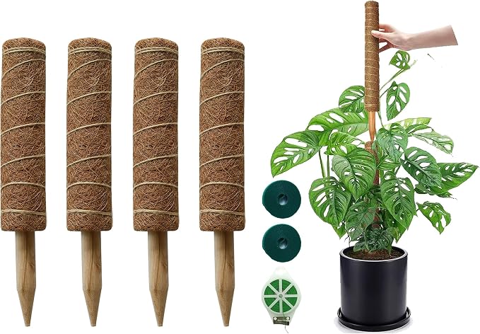 Moss Pole for Plants 4 Pack Natural Coco Coir Climbing Support Stakes with Plant Ties Indoor Monstera Plant Training Extension Poles 7.9inch Each Total 31.6 inch