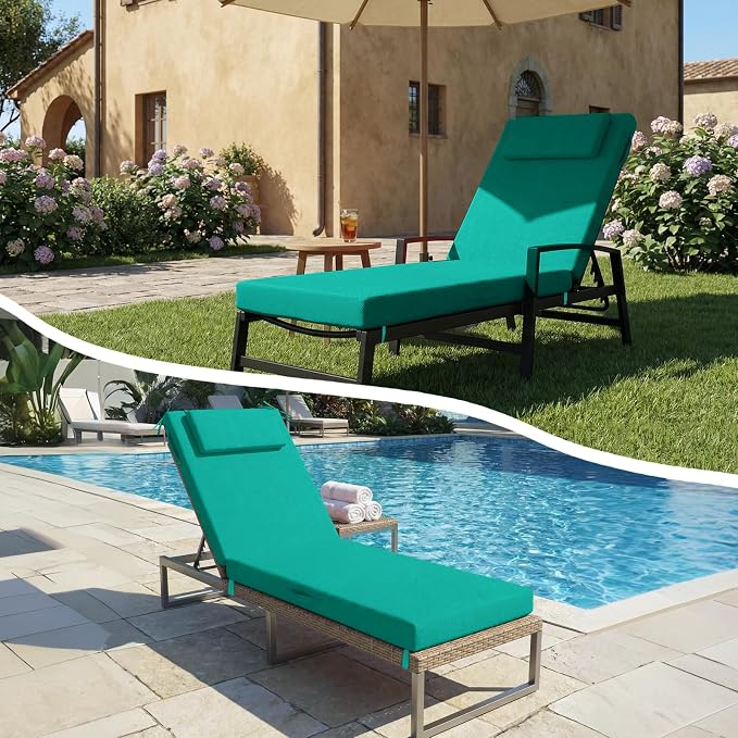 Outdoor Chaise Lounge Cushions, 72x21 Inch Olefin Water & Fade Resistant Pool Lounge Chair Cushions, Patio Sun Lounger Pad with Pillow & Straps for Patio, Pool, Deck, Lawn, Lake Blue