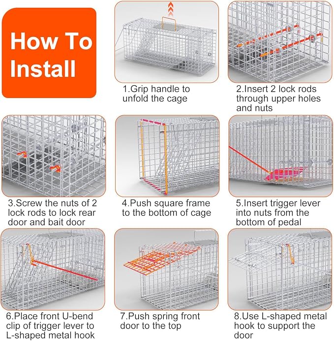 TeqHome Humane Animal Cage Trap,26"x9"x10" Heavy Duty Foldable Collapsible Galvanized Steel Live Trap for Stray Cats, Raccoons, Groundhogs,Squirrel,Chipmunk,Indoor/Outdoor Use,Easy to Catch & Release