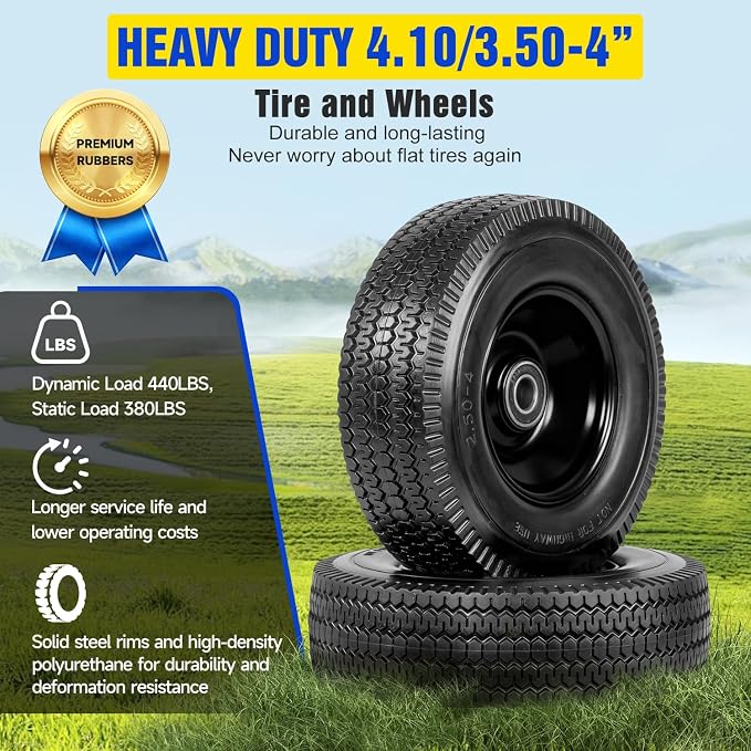 4.10/3.50-4 Flat Free Tire, 10 Inch Solid Tires and Wheels Replacement with 5/8'' Bearings, 2.2" Offset Hub for Hand Truck, Dolly, Wheelbarrow, Includes Adapter Kit (2 PACK)
