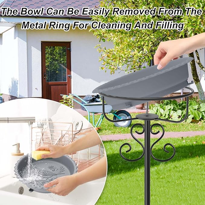 Bird Bath for Outside,Vintage Freestanding Birdbath & Birdfeeder, 40In Bird Baths Feeder with Detachable Plastic Bowl for Garden Patio Yard Lawn Decor, Upgraded 5-Pronged Base (Grey)
