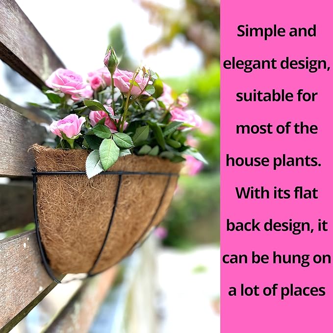 LalaGreen Bundle - 14" x 2 Pack + 14" 2 Pack Hanging Flower Baskets with Coco Liner in Two Different Designs Herb Pot Holder Rail Planter Outside Railing Deck Vertical Garden Wire Pots