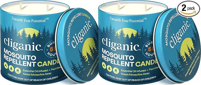 Cliganic Natural Mosquito Repellent Candle (Large 16oz, Pack of 2) | Citronella, DEET Free, Essential Oil Infused for Outdoor, Camping | Burns 55 Hours
