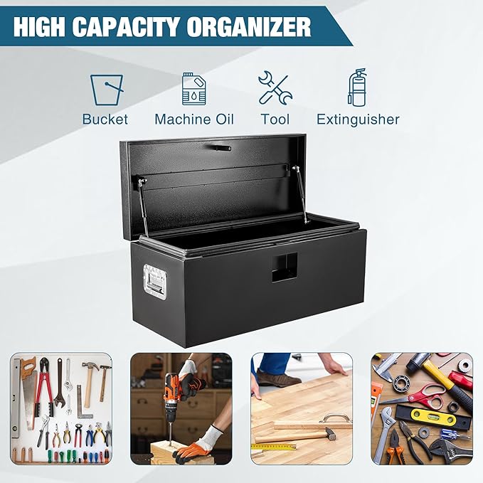 Heavy Duty Steel Truck Toolbox – 76x38x38cm – Gas Shock Lid – t-Handle Lock – Weatherproof Rubber Seal – Secure Underbody Storage Chest – Fits Pickup, Truck Bed, RV, Trailer