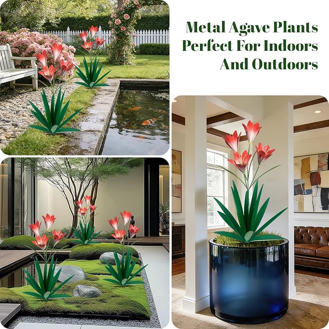 TOMBABY 32.28 Inch Metal Agave Plant Outdoor Decoration Lily Mexican Yard Art Garden Gift Home Decor Hand Painted Metal Agave Garden Yard Statue (2pc, Green)