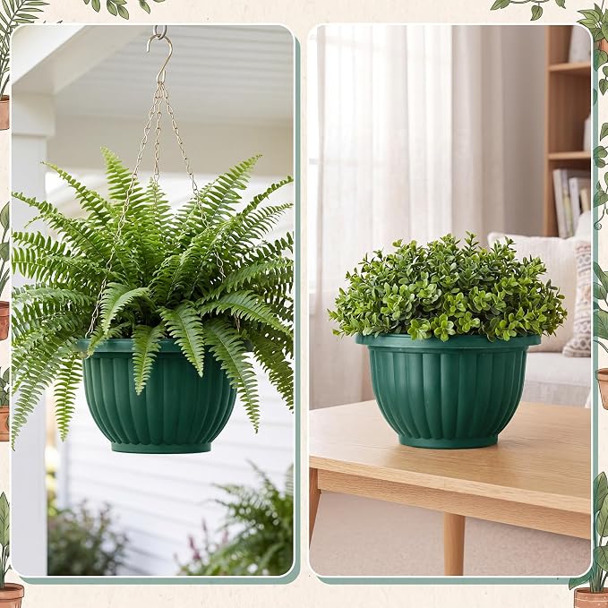 12 Sets Hanging Planters for Indoor and Outdoor Plants Self Watering Hanging Basket Flower Pots Plastic Plant Pots with Drainage Hole and Absorbing Tray(Green,10 Inch)