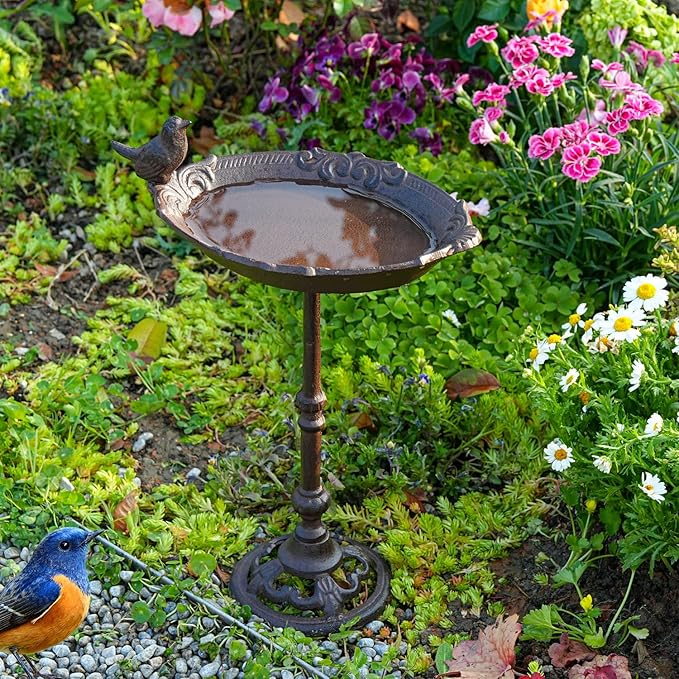 Sungmor Vintage Cast Iron Birdbath for Outside,15.6" Tall Bird Feeder with Adorable Bird Statue,Freestanding Oval Water Bowl,Distressed Brown Finish