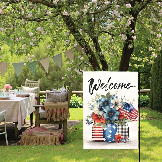 Patriotic Fourth of July Garden Flag Welcome Red White and Blue Mason Jar Flowers Yard Flags American Flag Floral Farmhouse Outdoor for Independence Day Memorial Day Veterans Day 12x18 Inch