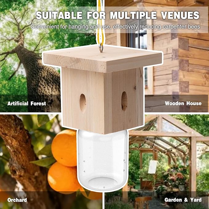 2 PCS Wood Carpenter Bee Trap for Outside - Best Bee Trap - Nature Hanging Carpenter Bee Traps Plastic Jar Outdoor - Insect Traps