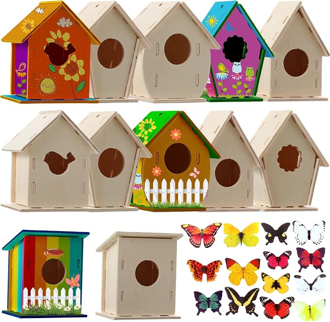 Kisston 272 Pcs DIY Birdhouse Kits for Kids Ages 5-8, 8-12, 120 Wooden Bird Houses Kit in 6 Shapes and 152 Stereoscopic Butterfly Sticker for Children Craft Class Activity Art DIY Project