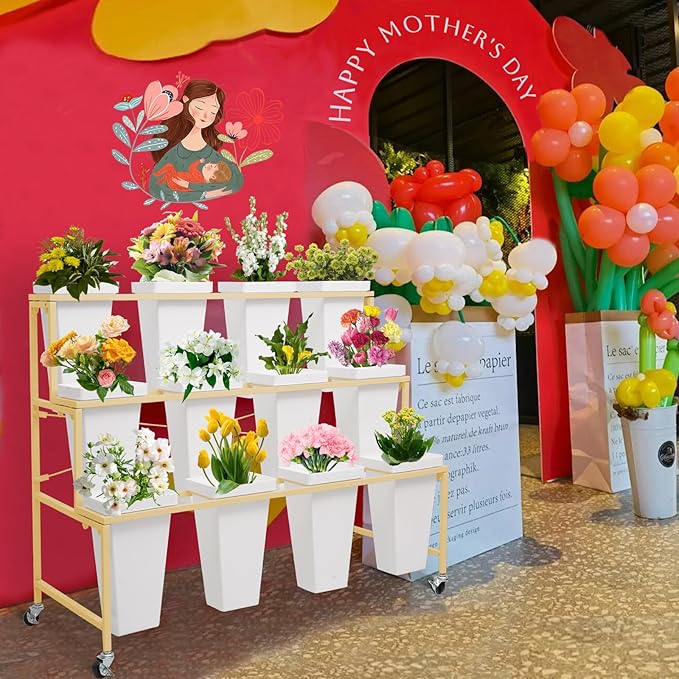 Flower Display Stands with Buckets, 3-Tier Rolling Plant Stand with Locking Wheels - Heavy Duty Metal Flower Cart for Indoor/Outdoor Use, Wedding Decor & Florist Displays (Holds 12 Pots) (Gold)