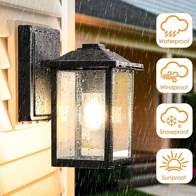 MATAMEYE Outdoor Wall Lantern, Exterior Waterproof Wall Sconce Lighting Fixture, Black Front Door Light with Glass, Anti-Rust Porch Lamp