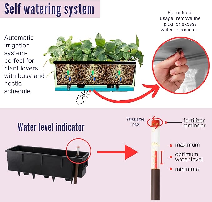 LaLaGreen Wall Planters for Indoor (2 Pack, 20 Inch) Black Self Watering Rectangular Window Planter Box Outdoor with Bracket Wall Mount Vertical Garden Balcony Herb Plant Holder Stylish Flower Pot
