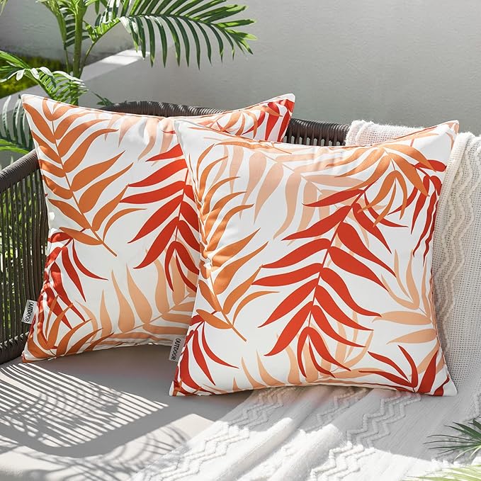 MIULEE Pack of 2 Fall Decorative Outdoor Waterproof Throw Pillow Covers Patio Pillow Cases Natural Leaves Pattern Spring Square Cushion Shams Shell for Garden Balcony Couch 20x20 Inch, Orange