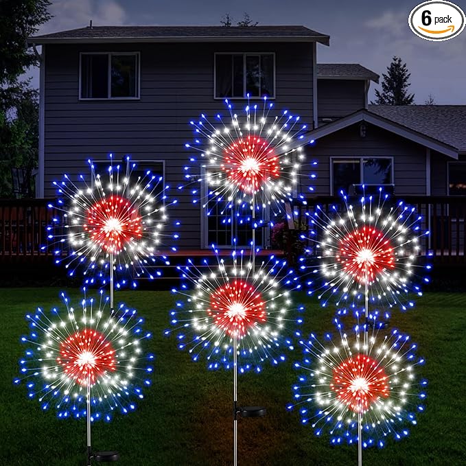 Tujoe 6 Pcs 4th of July Solar Firework Lights Patriotic Solar Light Outdoor Garden 120 LED 8 Modes Waterproof LED Sparkler Light for 250th Anniversary Patio Yard Pathway Walkway (Colorful)
