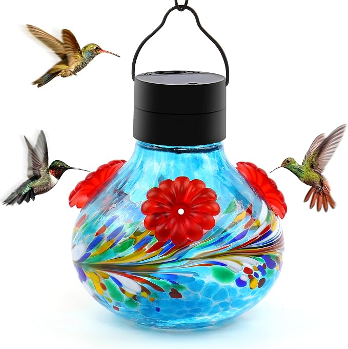 SAVENNA Hand Blown Glass Solar Hummingbird Feeder with Soft Night Light,17oz Leak-Proof Decorative Feeder for Outdoor Garden Patio Yard – Blue Phoenix Swirl