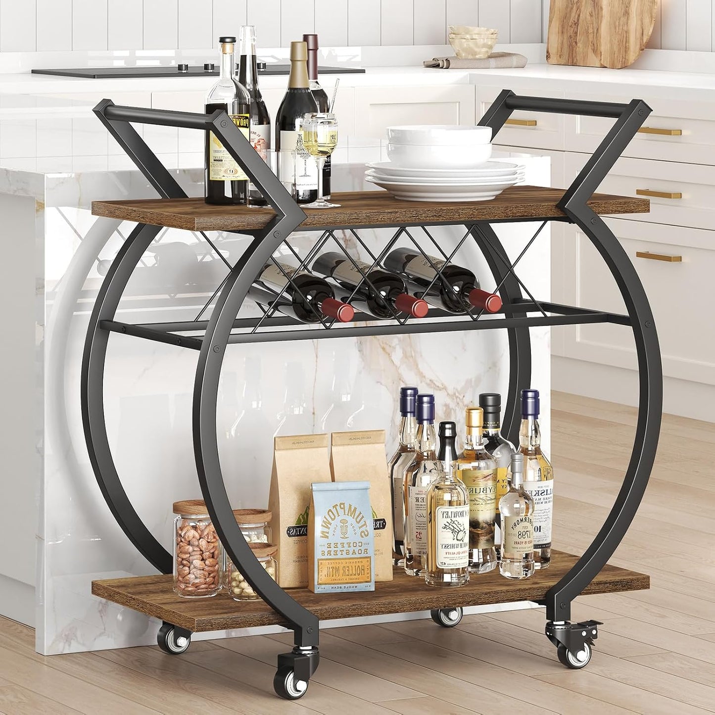 LVB Industrial Kitchen Bar Cart, Farmhouse Beverage Serving Liquor Cart with Wheels, Wood and Metal Rolling Wine Cart with Storage Shelf, Microwave Drink Cart for Home Living Dining Room, Rustic Brown