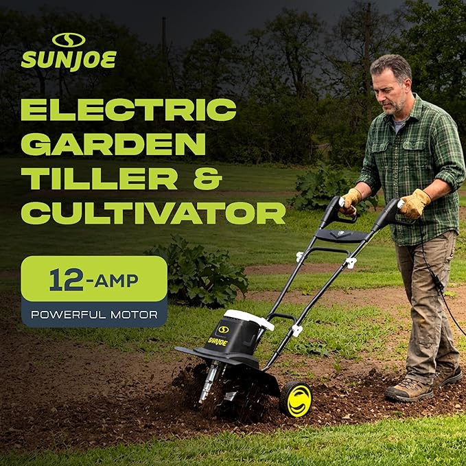Sun Joe Corded Electric Garden Tiller & Cultivator with Steel Tines, 16 Inch, 12-Amp Motor - Heavy-Duty Tilling Machine for Lawn, Yard, and Gardening Care, TJ603E
