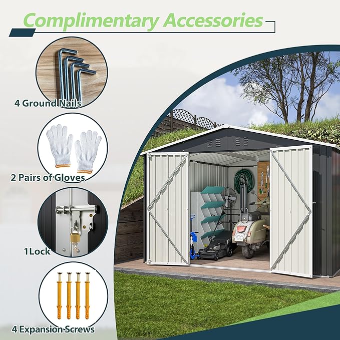 KEIKI Storage Shed 10x10 FT, Large Metal Tool Shed for Outdoor Storage, Galvanized Steel Garden Shed with Lockable Doors for Patio, Backyard, Lawn, Black