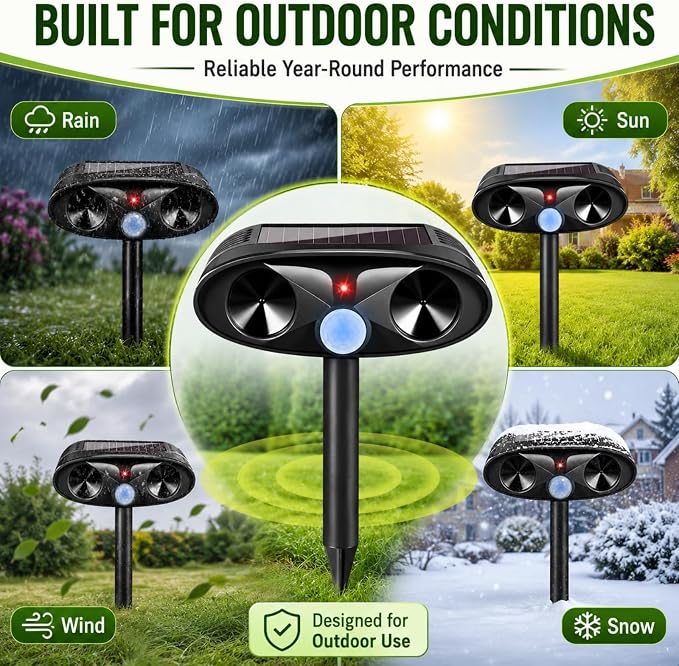 Upgraded Solar Ultrasonic Animal Repellent Outdoor for Squirrel,Dog,Raccoon,Skunk,Rabbit,4 Pack Cat Deterrent Sonic Deer Repellent Devices USB Charge Animal Repeller for Yard Garden,Black
