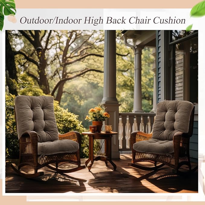 Juexica 4 Set Outdoor Patio Chair Cushions Corduroy Seat High Back Tufted Pillow Replacement Rocking Patio Chair Pads for Outdoor Indoor Home Office(Grayish Brown)