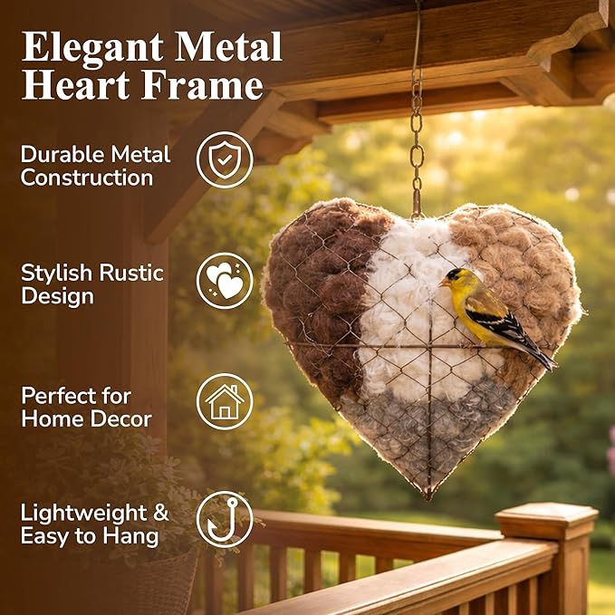Alpaca Fiber Bird Nesting Heart – Natural Bird Nesting Material, Soft Alpaca Bird Nesting Heart for Outdoor Garden Birds & Nest Building Support