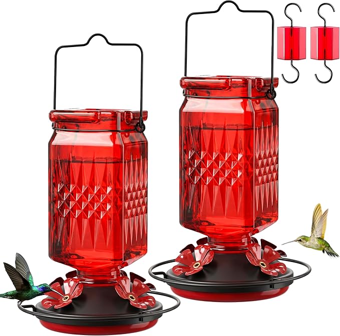20oz Glass Hummingbird Feeder for Outdoors Hanging, Bird Nectar Feeder with 4 Bee Guard Flower-Shaped Feeding Ports & Built-in Ant Moat, for Bird Lover, Red (2 Pack)