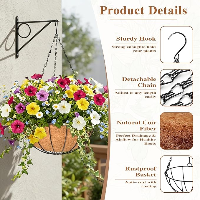4 Pack Hanging Planter for Outdoor Plants 12 inch Metal Hanging Flower Basket with Coco Coir Liner Round Wire Plant Holder Chain Flower Pots Outdoor Garden Decoration Watering Hanging Baskets(XG)