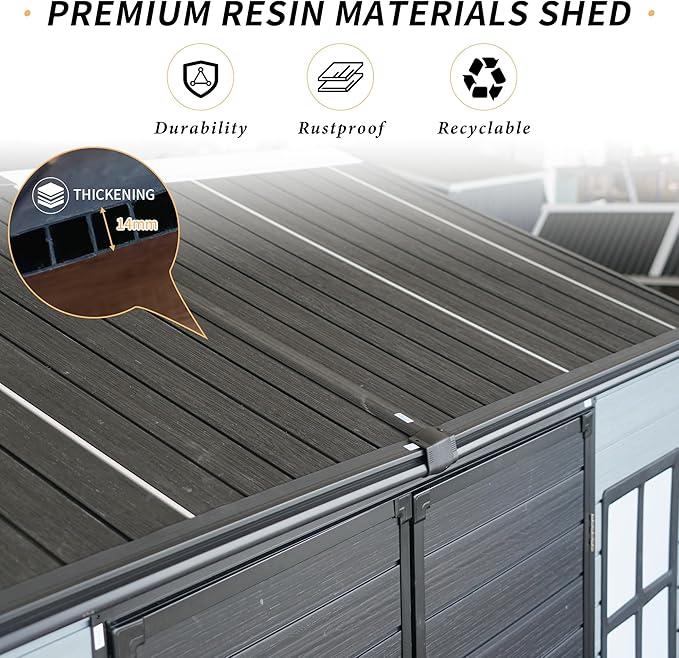 YOPTO 4x8 Ft Resin Outdoor Storage Shed Weather Resistant with Floor,Outdoor Resin Storage Shed W/ 2 Windows,Garden Tool House W/Lockable Door & Slpoed Roof,for Backyard,Patio,Lawn,Gray+Black
