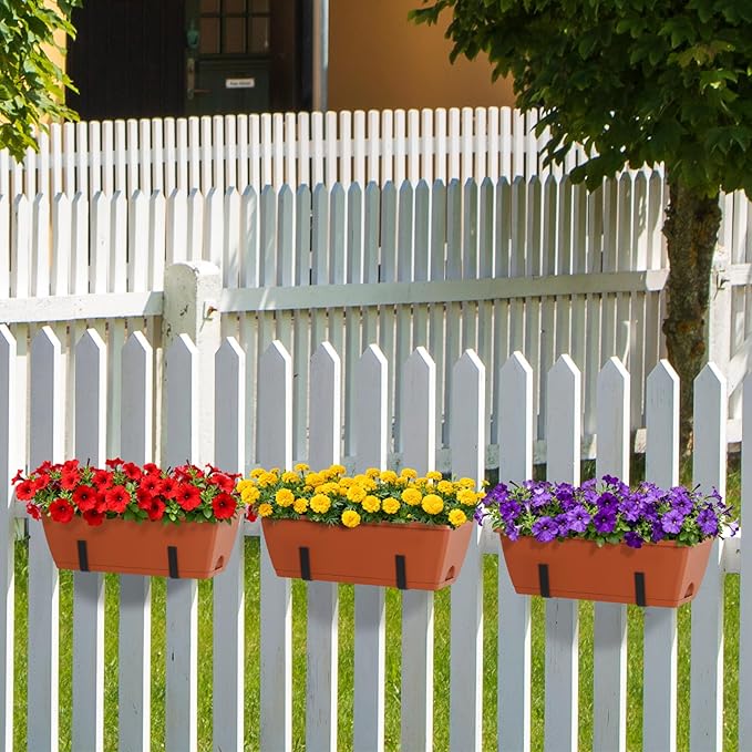 6 Pack Railing Planter Boxes Outdoor Window Boxes Planter with Drainage Holes, Plastic Garden Fence Planters with Metal Brackets for Deck, Balcony, Patio, Brick Red