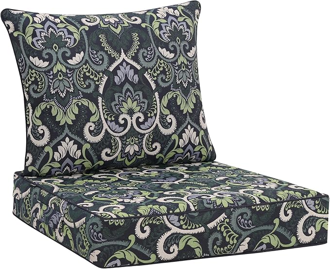 Favoyard Outdoor Deep Seat Patio Cushions Set, 22 x 22 Inch Rainproof & 3-Year Fade Resistant Patio Furniture Cushion, Removable Bottom & Back Cushion with Ties for Yard, Garden, Green Floral