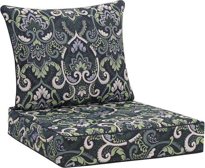 Favoyard Outdoor Deep Seat Patio Cushions Set, 19 x 19 Inch Rainproof & 3-Year Fade Resistant Patio Furniture Cushion, Removable Bottom & Back Cushion with Ties for Yard, Garden, Green Floral