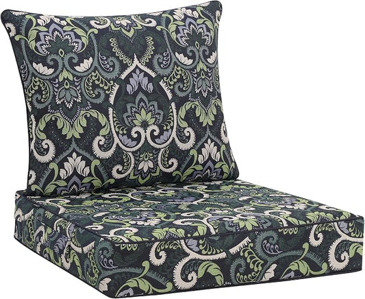 Favoyard Outdoor Deep Seat Patio Cushions Set, 19 x 19 Inch Rainproof & 3-Year Fade Resistant Patio Furniture Cushion, Removable Bottom & Back Cushion with Ties for Yard, Garden, Green Floral