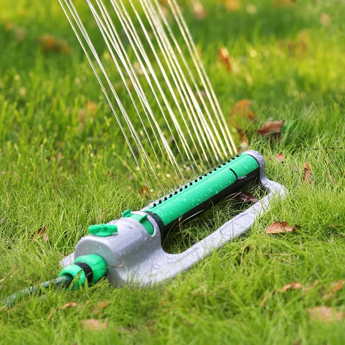 RESTMO Heavy Duty Oscillating Sprinkler with Stable Metal Base, 18 Durable Nozzles, Adjustable Flow & Width & Coverage, Lawn Sprinkler & Garden Sprinkler for Large Yard Irrigation