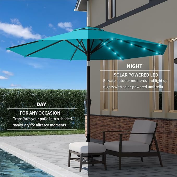9FT Patio Umbrella with Solar Lights,Outdoor Market Umbrella with Tilt and Crank, LED Lighted Table Umbrella for Garden,Deck,Backyard,Pool,Beach