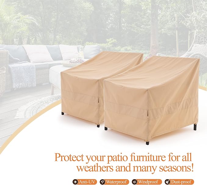WJ-X3 Patio Chair Cover, Outdoor Lounge Cover, Heavy Duty, Waterproof Lawn Patio Chair Covers, 33W x 35D x 36H, Beige, 2-Pack