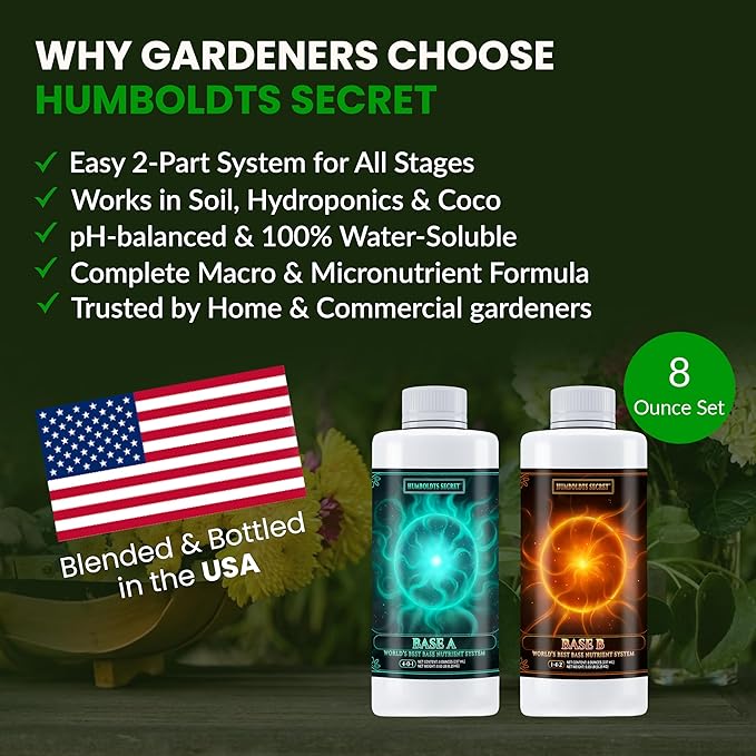 Humboldts Secret Base A & B Liquid Hydroponic Fertilizer | Complete Hydroponic Nutrients for Indoor and Outdoor Plants | Supports Healthy Vegetative Growth and Flowering Stage | 8 Ounce Set