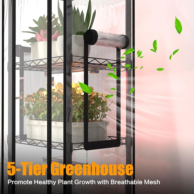 Indoor Greenhouse with Grow Lights, 5 Tier 15.7" L×11.8" W×62.3" H | with 40W Full Spectrum Growing Lamps For Seed Starting ，Grow Light Shelf with Tent，Portable with Wheels，