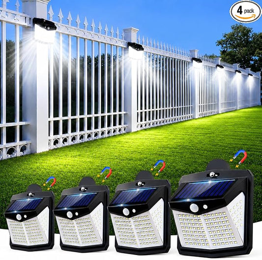 Magnetic Solar Lights Outdoor, No Drill Motion Sensor Solar Fence Lights, 600LM 128 LED Magnetic Step Lights for Metal Fence, RV, Deck Railing, Garage, IP65 Waterproof Outdoor Security Lighting（4Pack）
