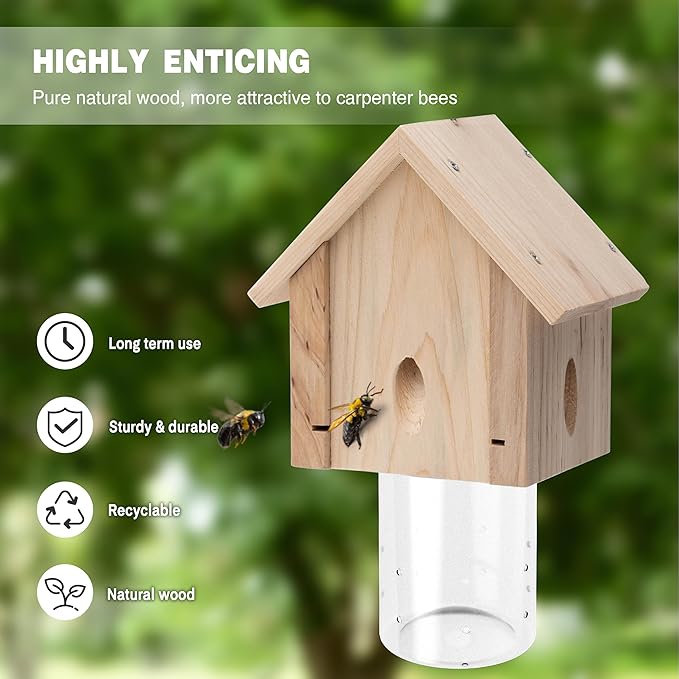 Carpenter Bee Trap for Outside - Best Bee Trap - Cabin Style Nature Hanging Wood Carpenter Bee Traps Outdoor - Insect Traps with Removable Vault (1 Pack)