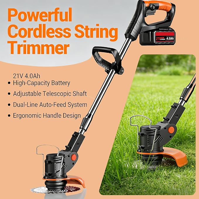 21V Cordless Weed Wacker, Electric Weed Eater Brush Cutter Lawn Edger - 3.9 lbs Lightweight Weed Trimmer with 3 Types Blades, Adjustable Height & Cutting Angle for Yard Garden Lawn Care