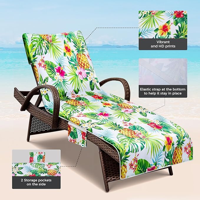Lounge Chair Towel Covers, 2 Pack Outdoor Chaise Lounge Slipcover, 83" X 29" Pineapple Floral Microfiber Beach Chair Cover, Soft Absorbent Chaise Cover with Pockets for Pool Garden Patio