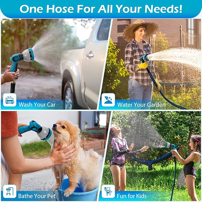 25FT Non-Expandable Garden Hose, Flexible Water Hose with Spray Nozzle, Kink-Resistant, Leakproof 3/4" Brass Connectors, Lightweight & Portable Water Pipe for Yard, Lawn Outdoor